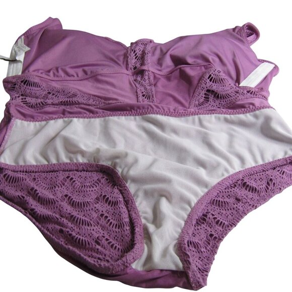 BECCA BY REBECCA 2X  Virtue Mauve Purple CROCHET One Piece Plunge Swim suit - Picture 8 of 11